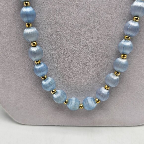 Vintage Blue Satin Bead Necklace With Gold Tone Spacers No Clasp - Picture 2 of 4